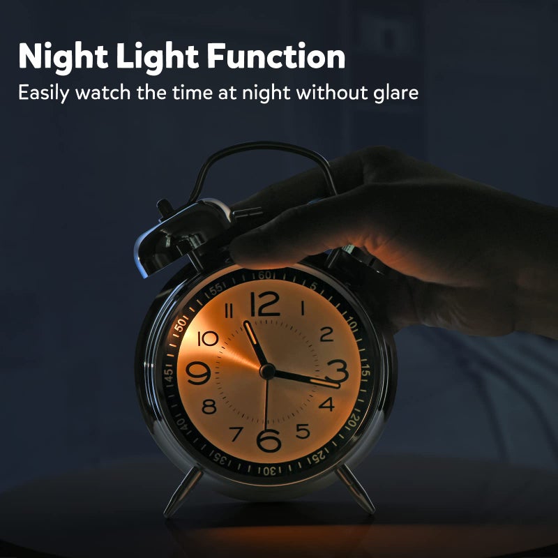 Cadmos Loud Alarm Clock for Heavy Sleepers Adults,Retro 4 Inch Silent Non-Ticking Quartz with Backlight,Twin Bell Analog Kids Alarm Clocks for Bedrooms Bedside (Black) - Image 3
